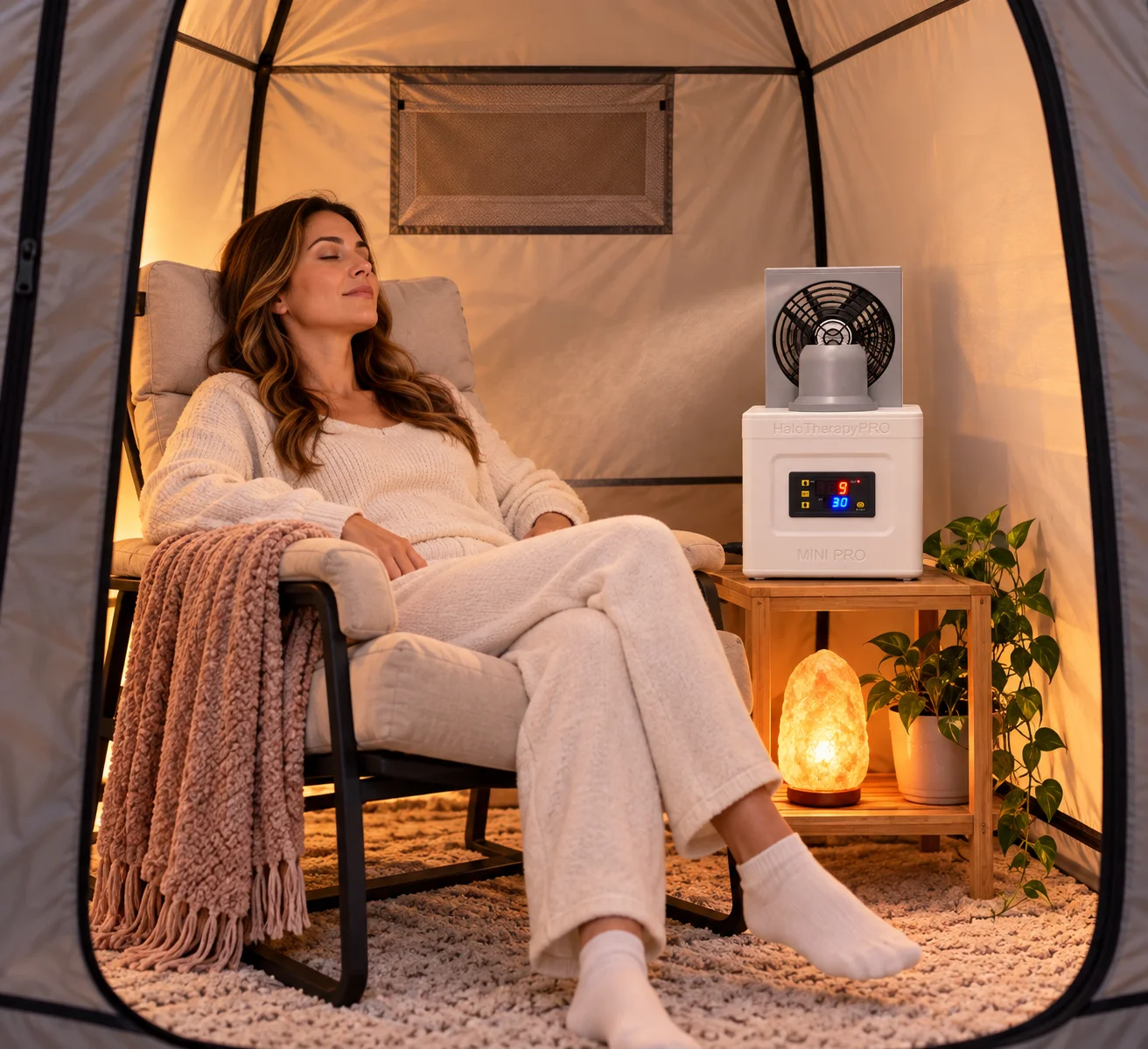 Personal halotherapy tent with seating and a portable halogenerator